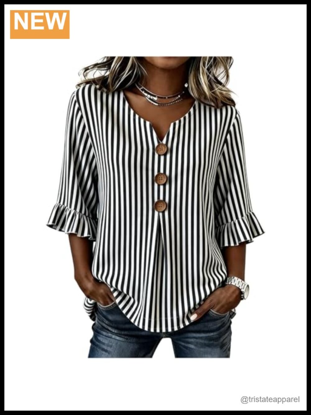 Women's 3/4 Sleeve V-Neck Striped Blouse Dressy Casual Work Shirt